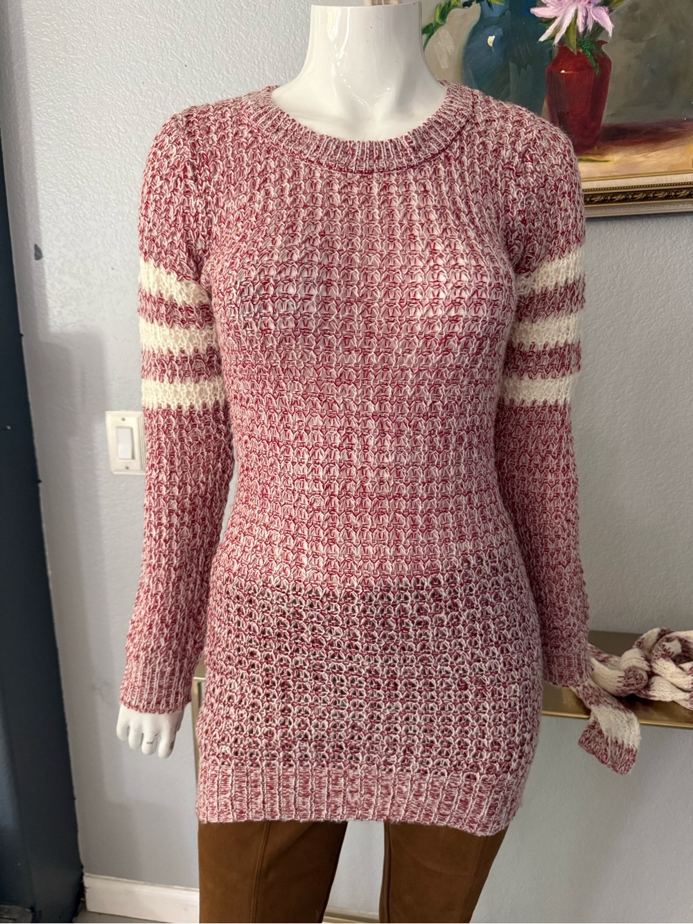 Women's Pink Marled Crewneck Sweater with Cream Sleeve Stripes
